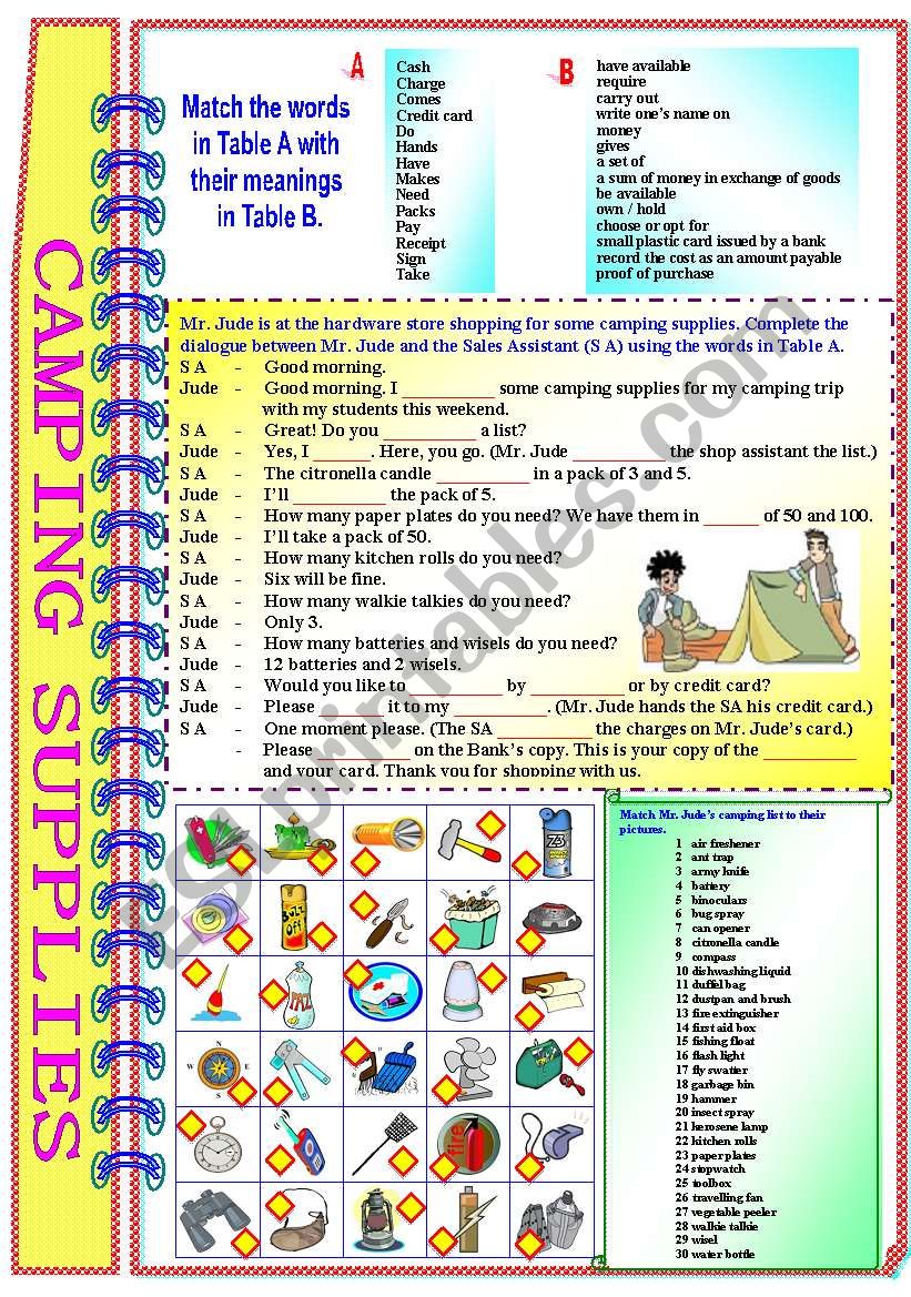 Shopping For Camping Supplies with answer key** fully editable