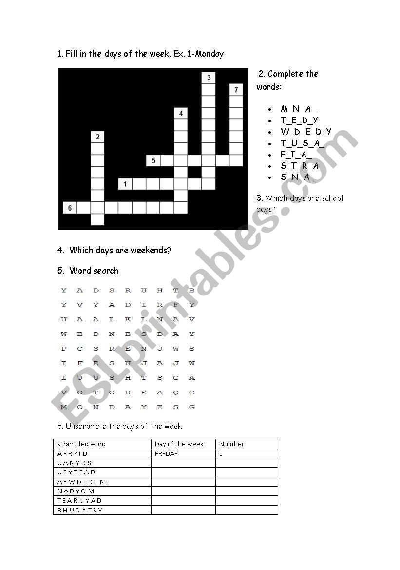 Days of the week worksheet