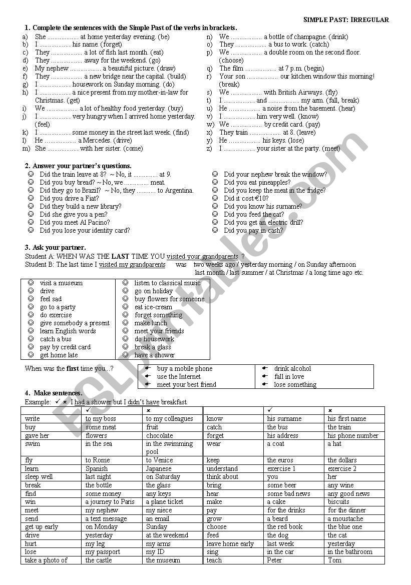 Simple Past Irregular Verbs speaking activities
