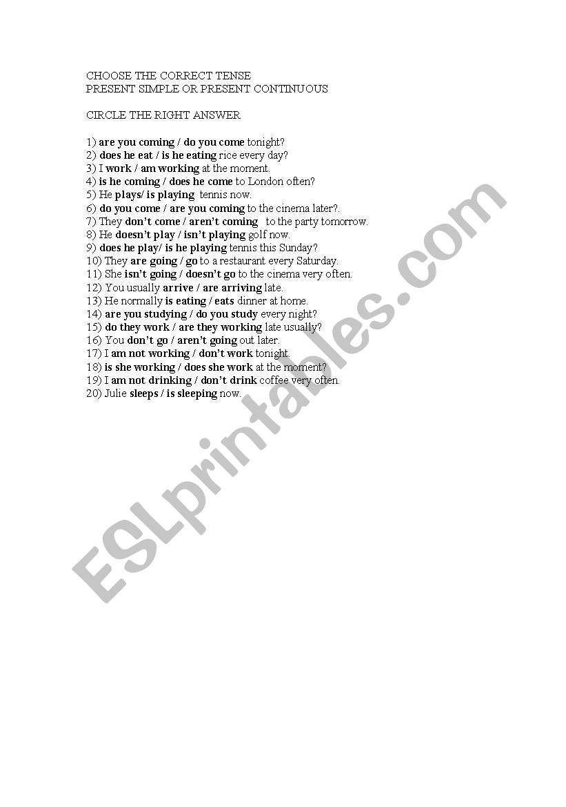 Present Simple or Continuous worksheet