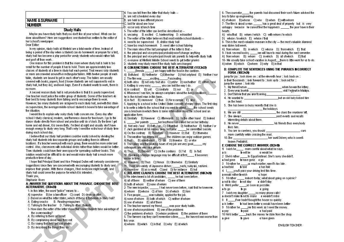 exam for 11th grades with answer key.
