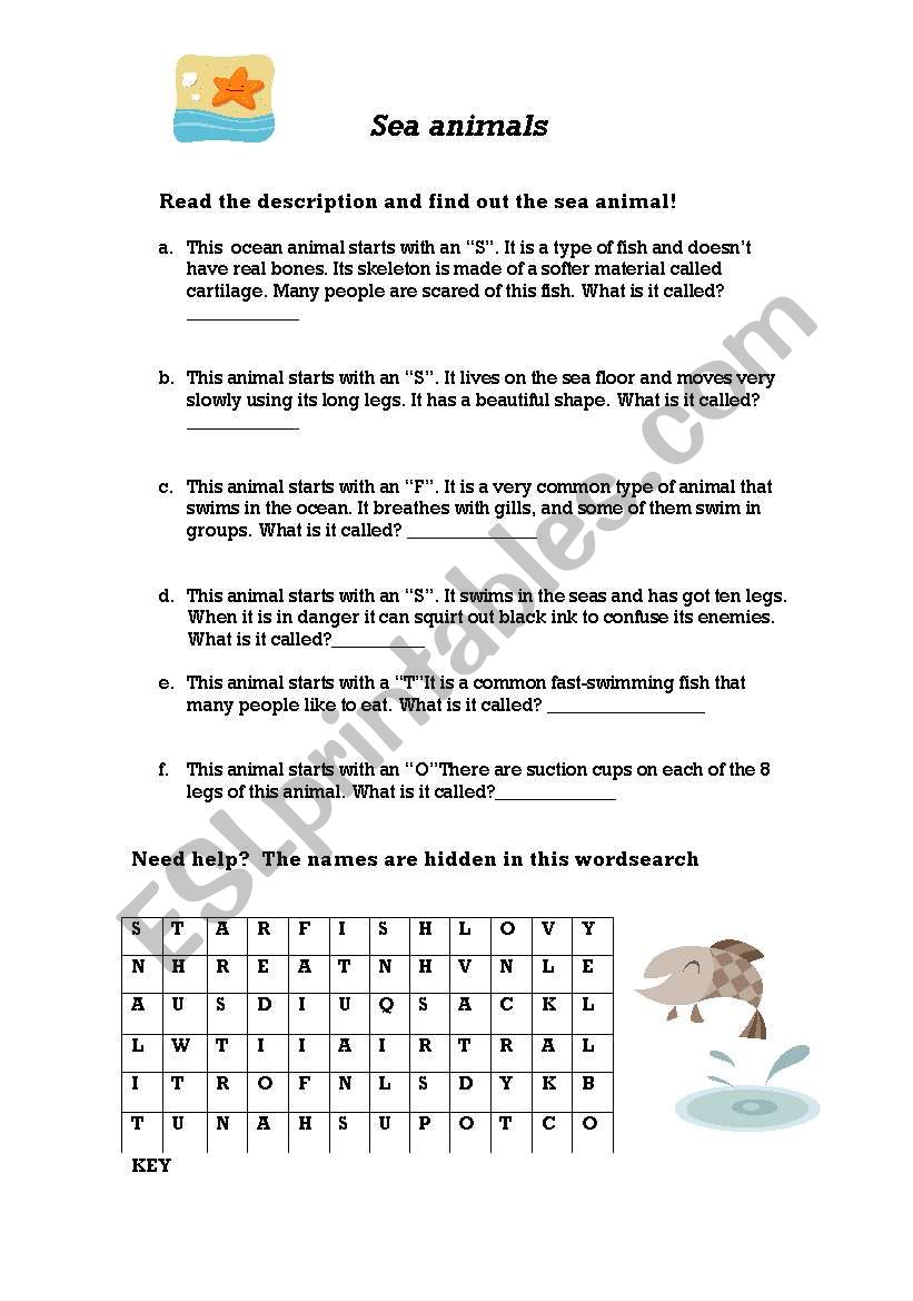 Sea animals worksheet