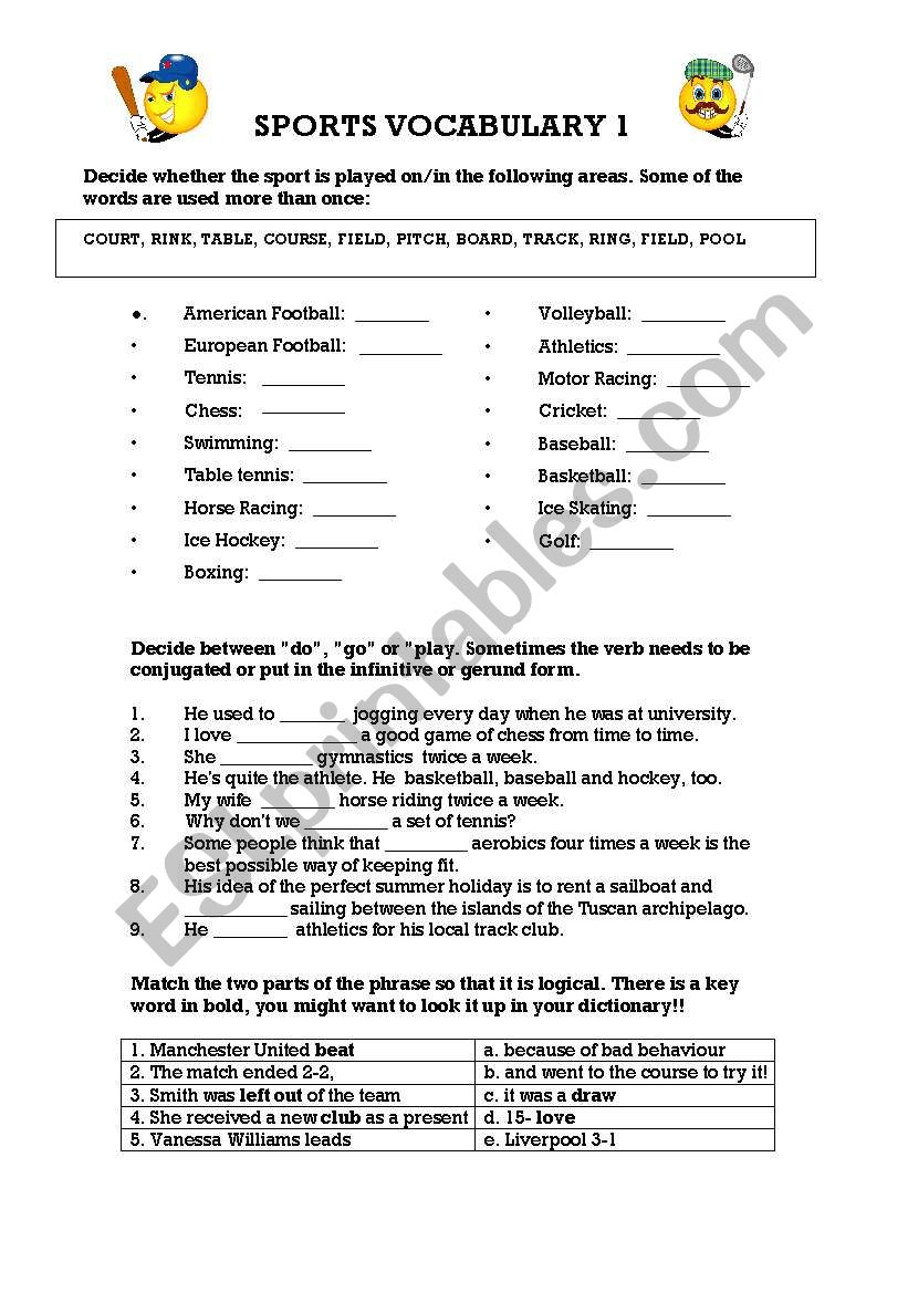 Sports vocabulary worksheet