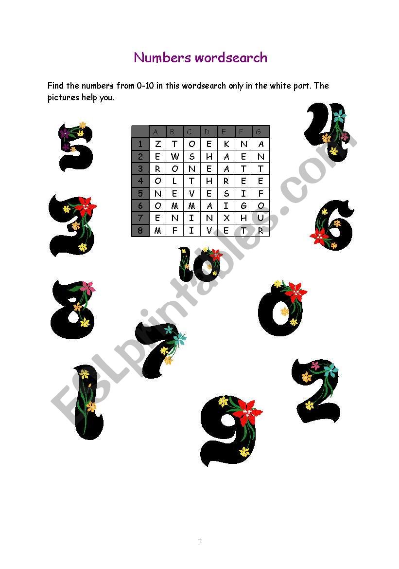 Numbers wordsearch worksheet