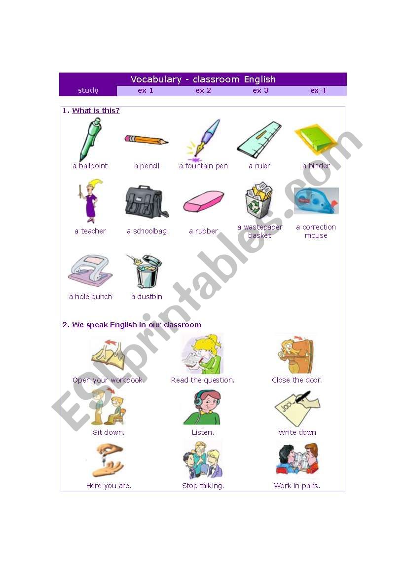 clasroom language and objects worksheet