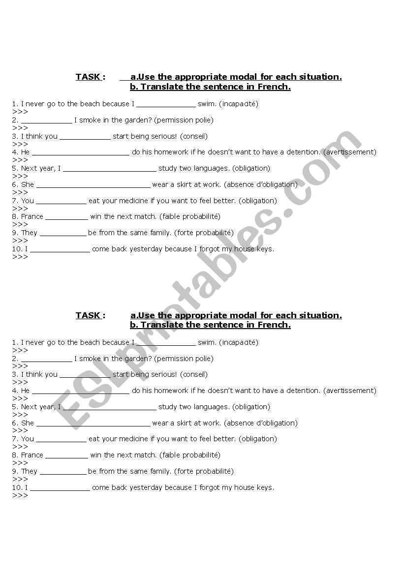 exercise modals worksheet