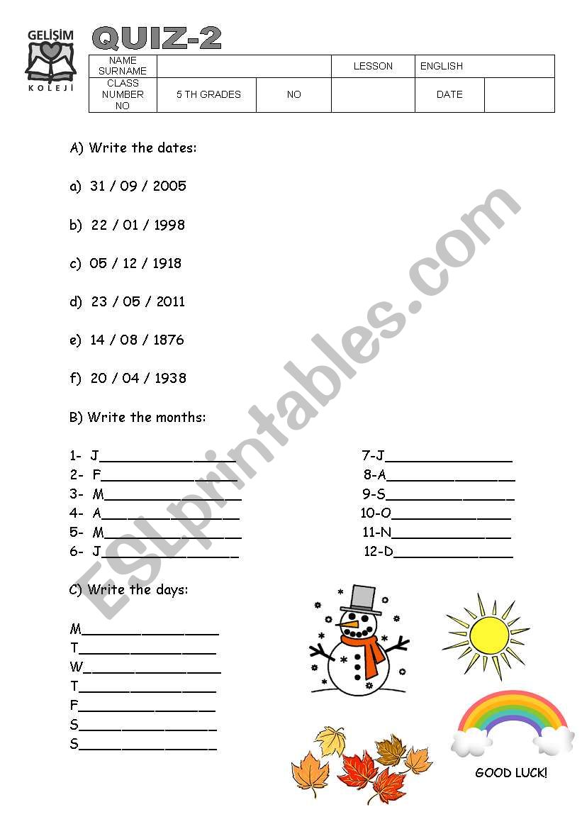dates,months and days worksheet