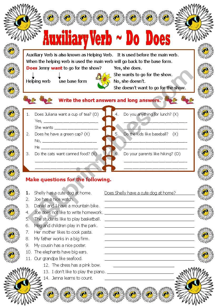 Auxiliary Verb - Do -Does-Did worksheet