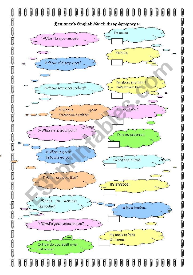 Match These Sentences-To Be worksheet