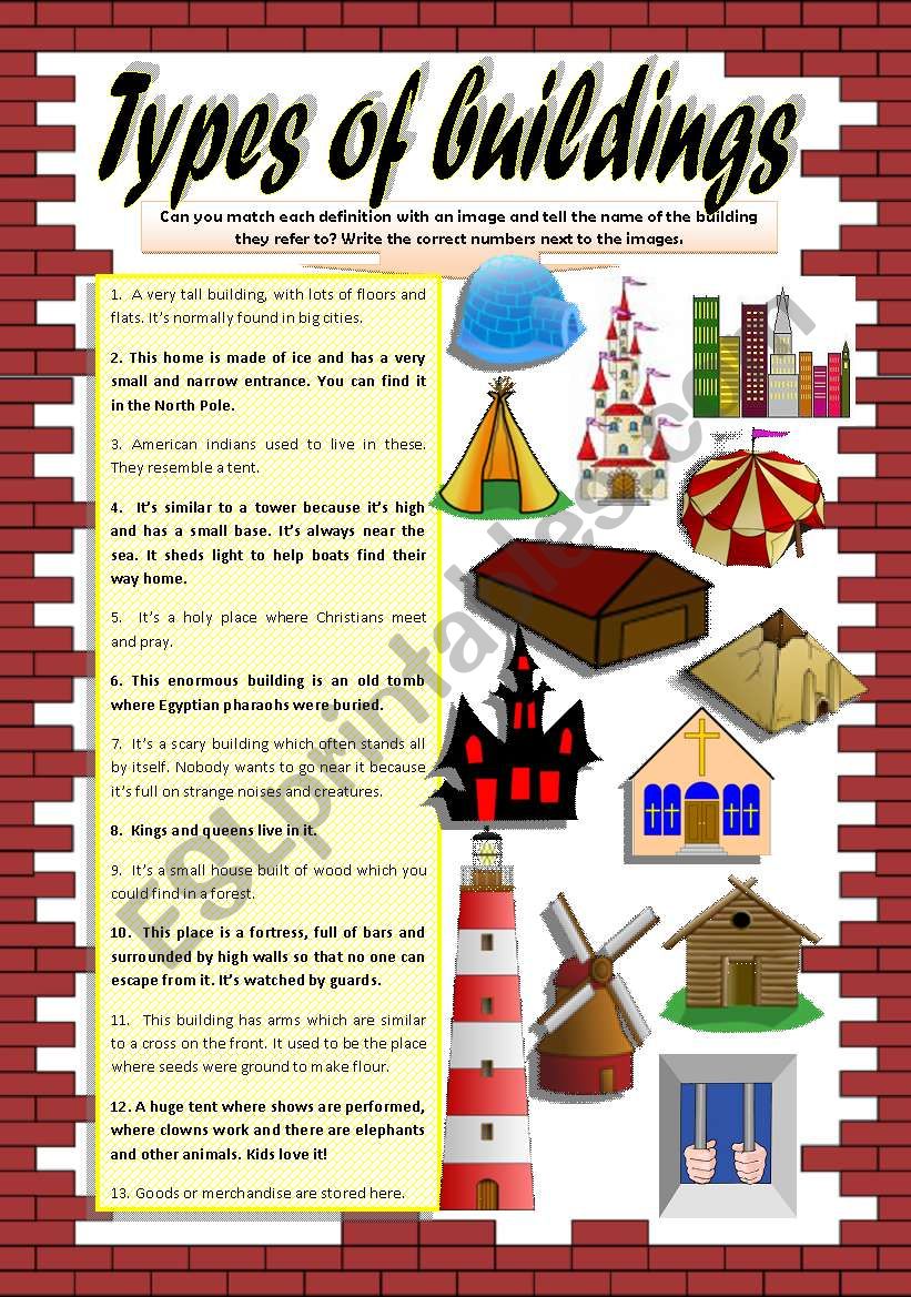 KINDS OF HOMES and BUILDINGS worksheet