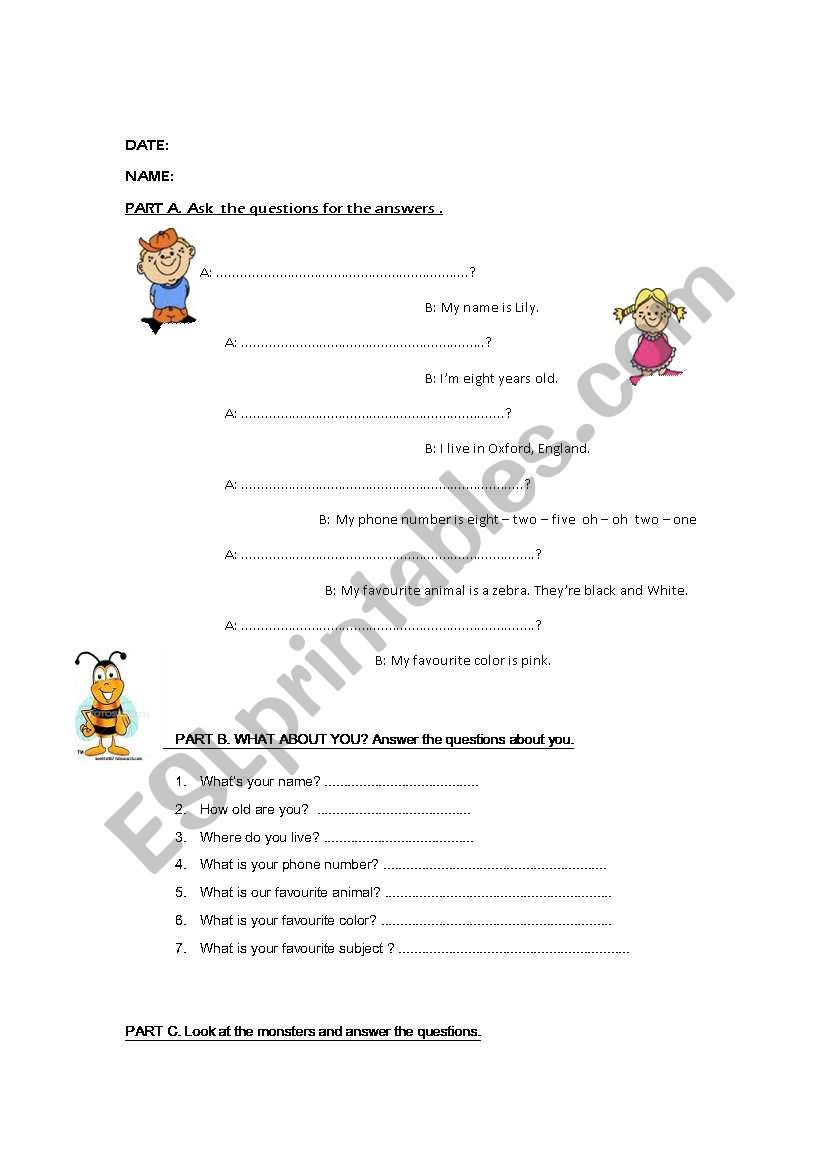 introduction & body parts worksheet