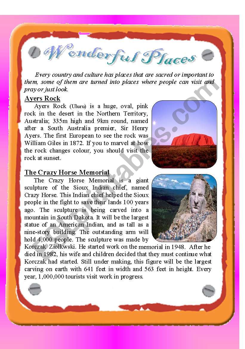 Reading Wonderful Places worksheet