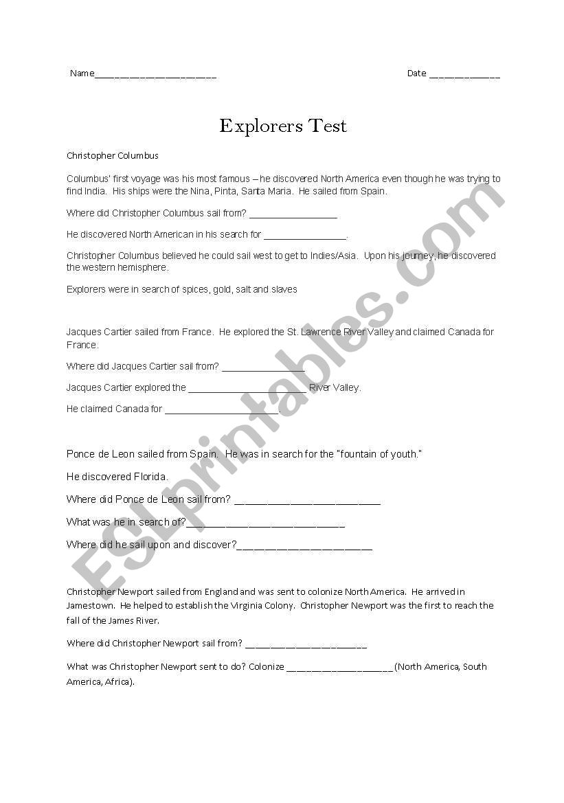 Explorers Test worksheet