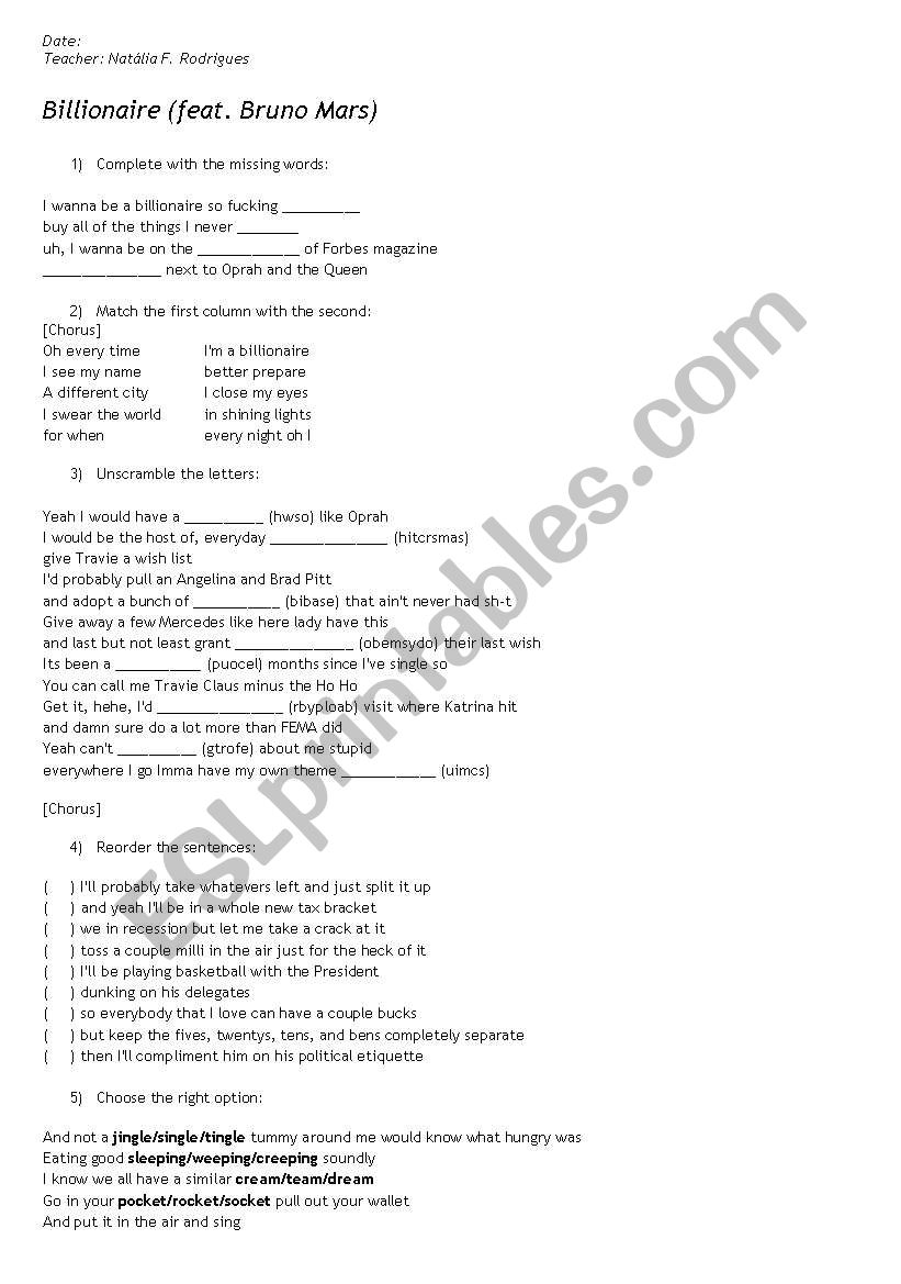 Billionaire - Travis Mccoy worksheet