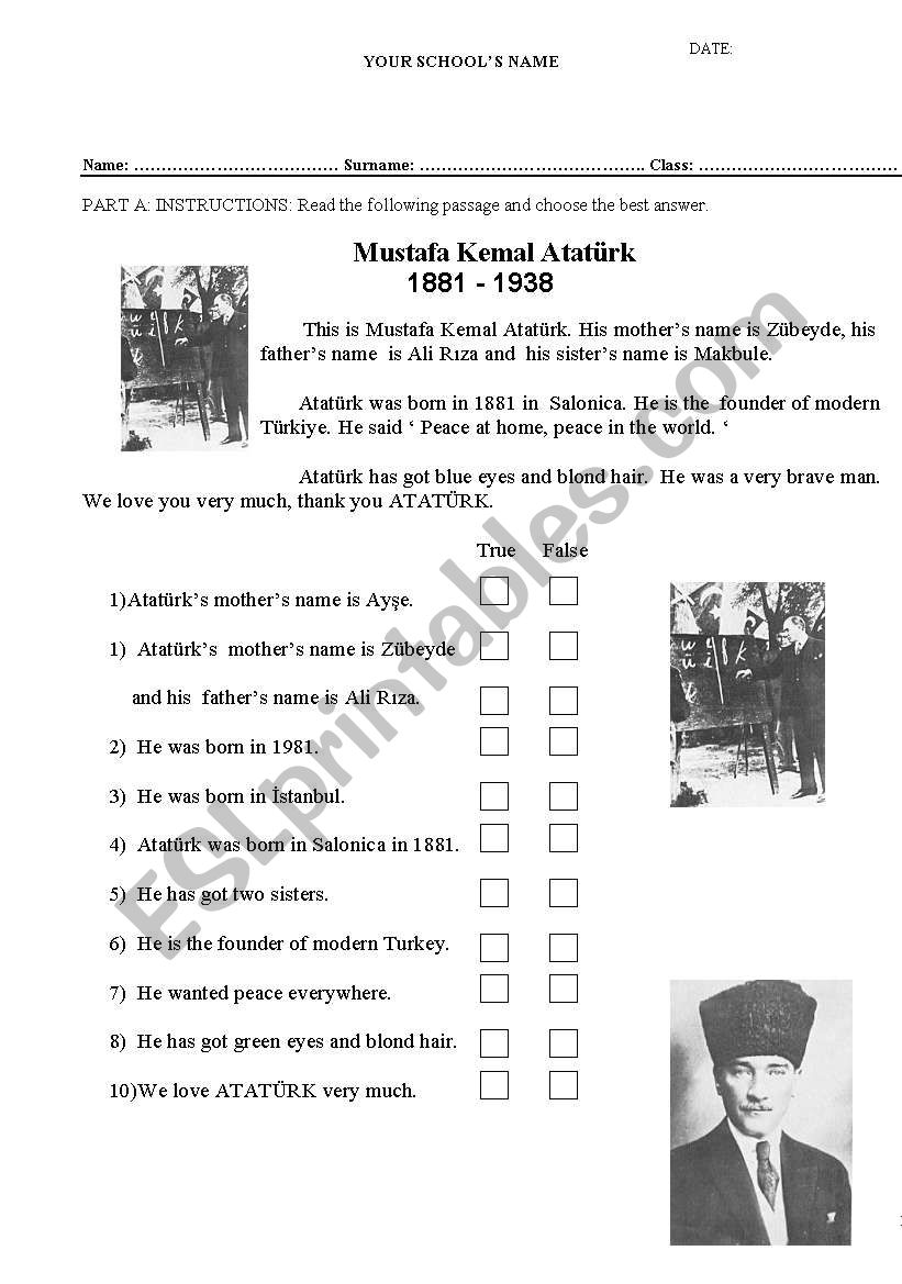 An elementary reading text about ATATÃœRK and True False questions.