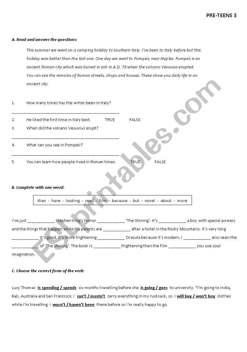 Pre Teens 3 Test worksheet