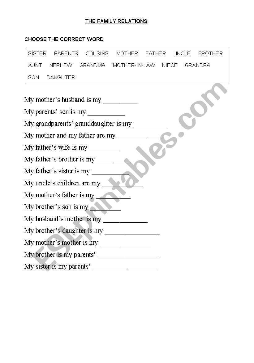 family relations worksheet