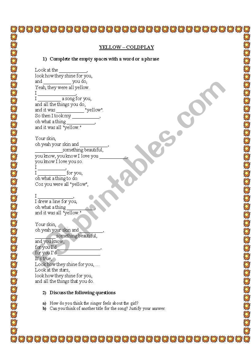 Yellow - Coldplay worksheet