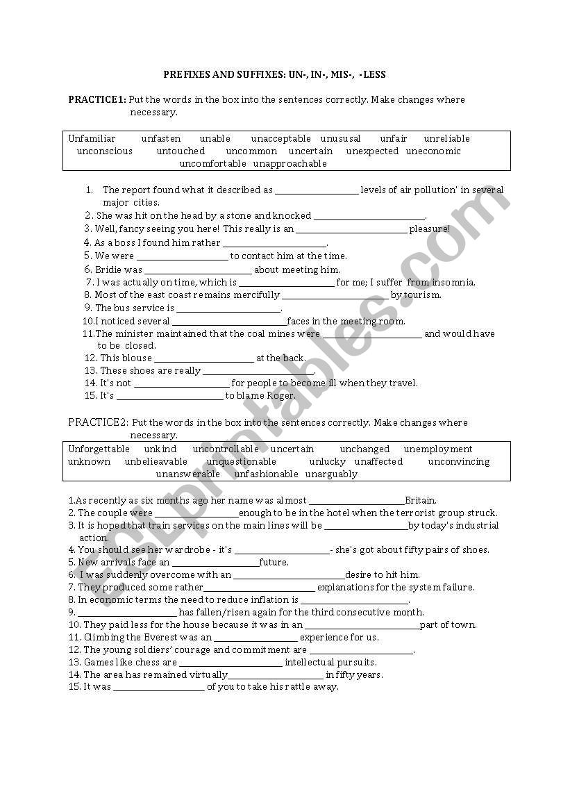 prefix un- practice worksheet