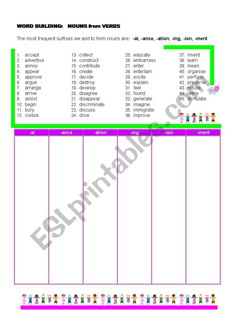 NOUNS FROM VERBS worksheet