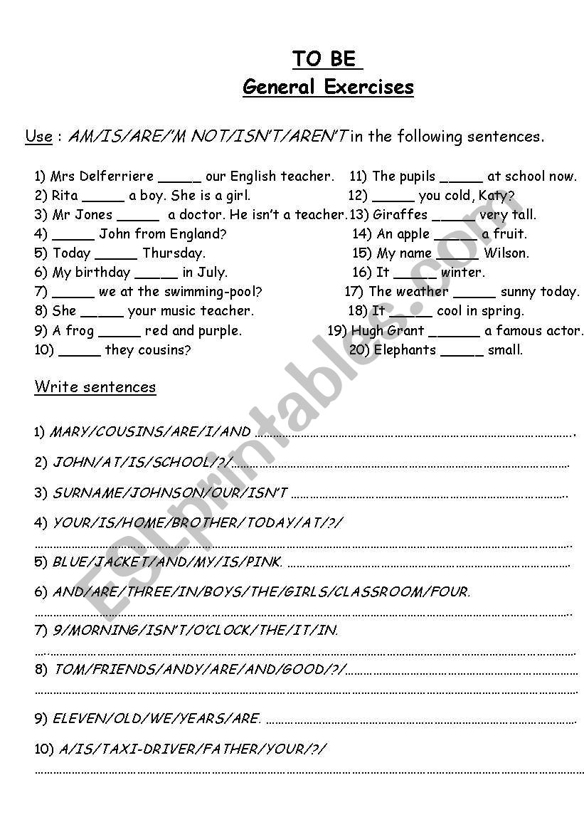 To Be General exercises worksheet