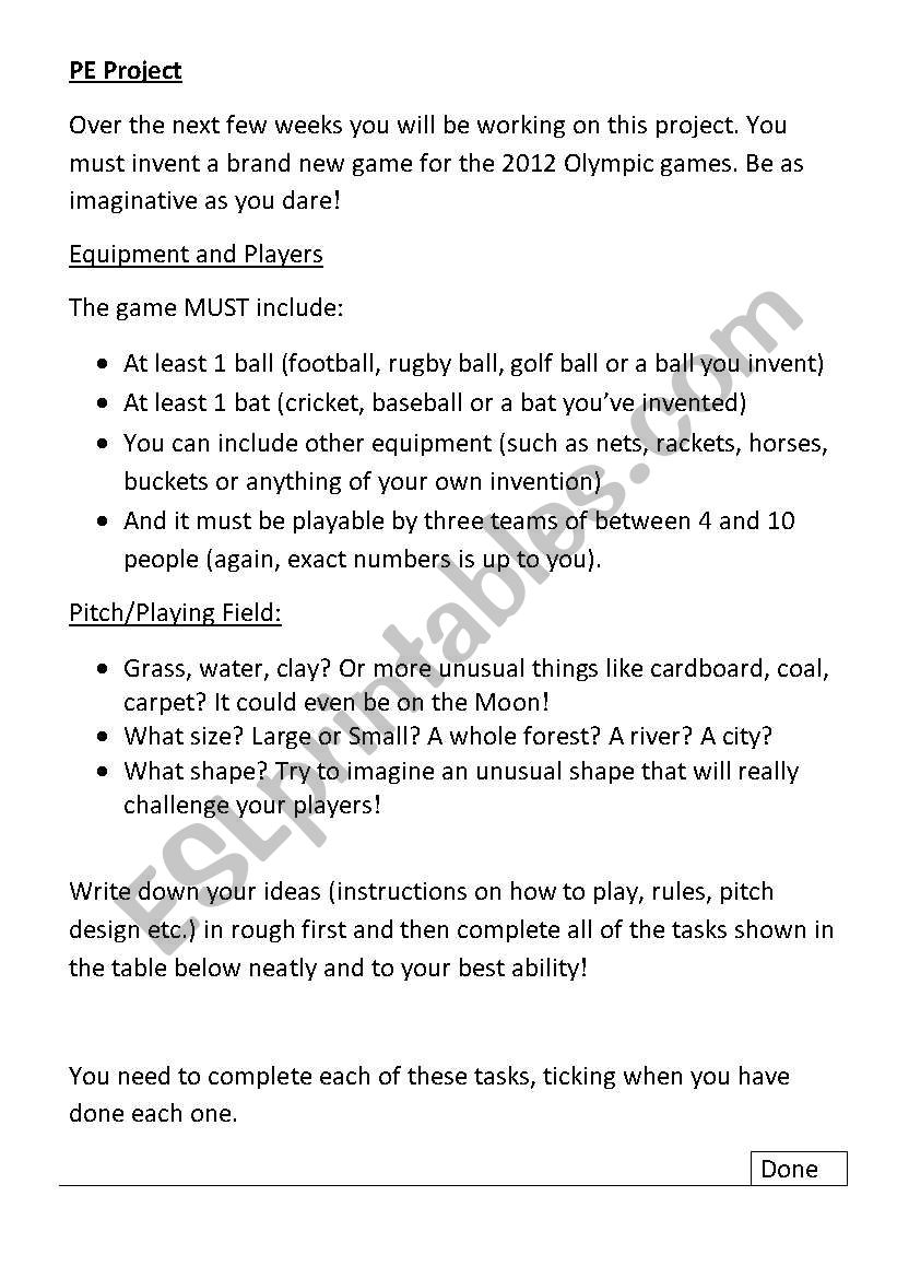 PE Project - lasts for a flexible number of sessions