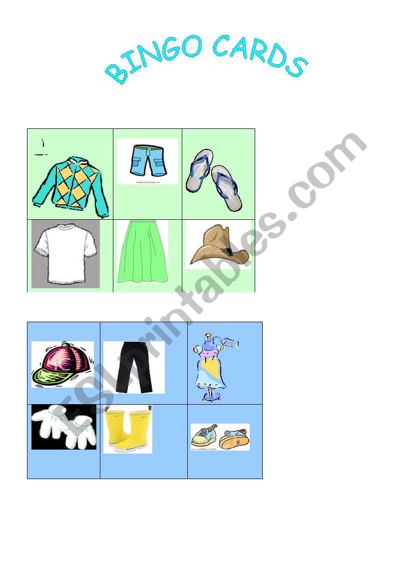bingo cards (clothes) worksheet