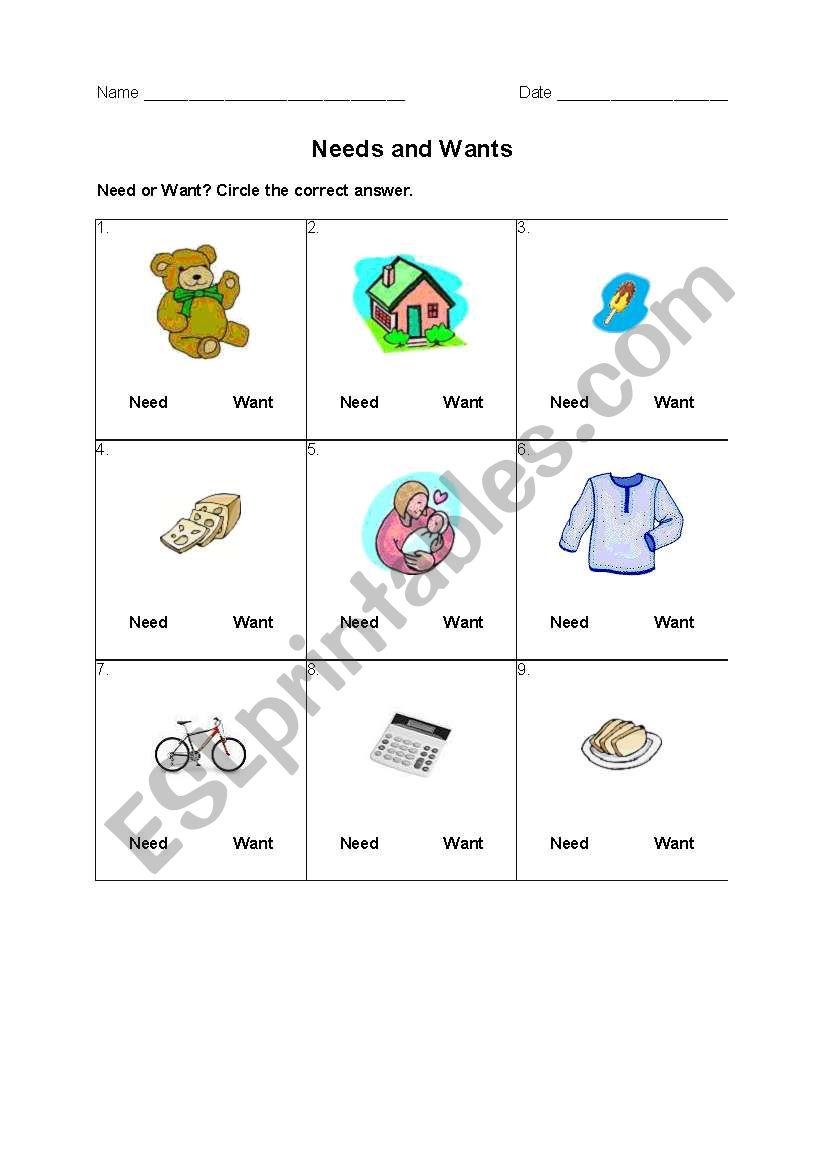 English worksheets: Needs and Wants In Wants Vs Needs Worksheet