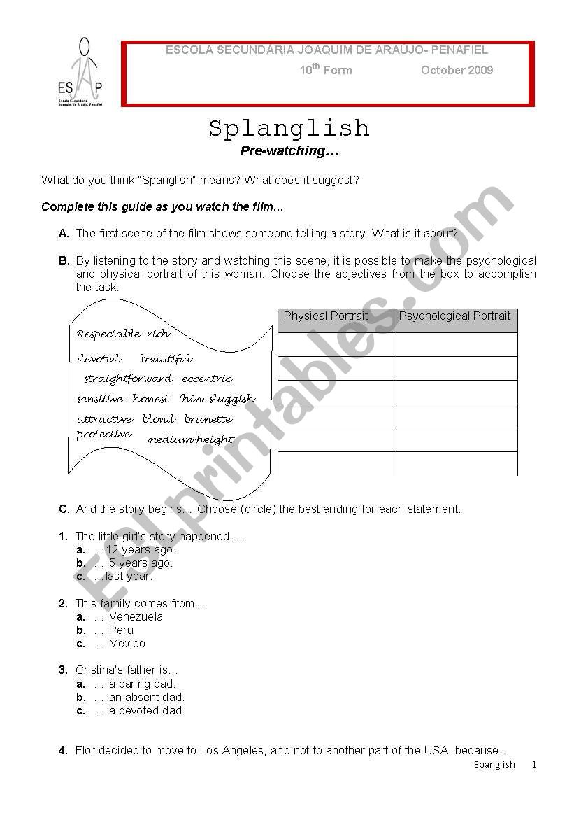 Spanglish- pre and post-watching activities / formal and informal letters