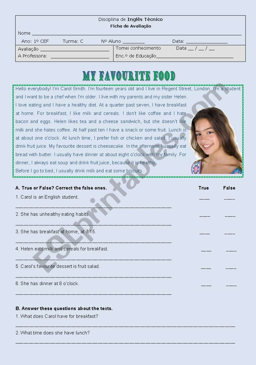 written test  Food worksheet