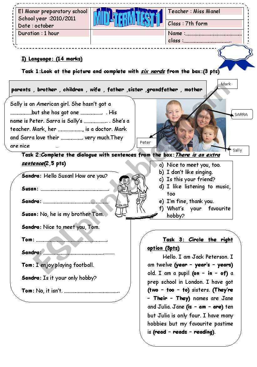 MID TERM TEST 7TH FORM worksheet