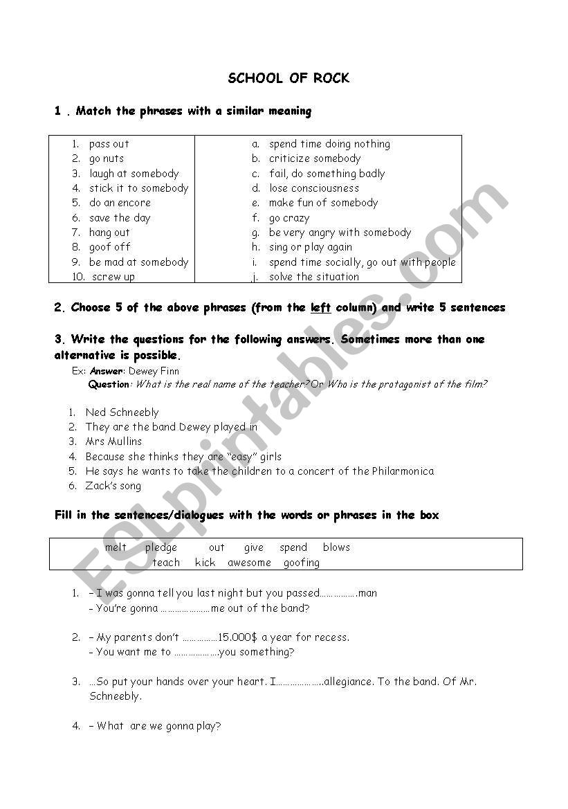 School of Rock worksheet