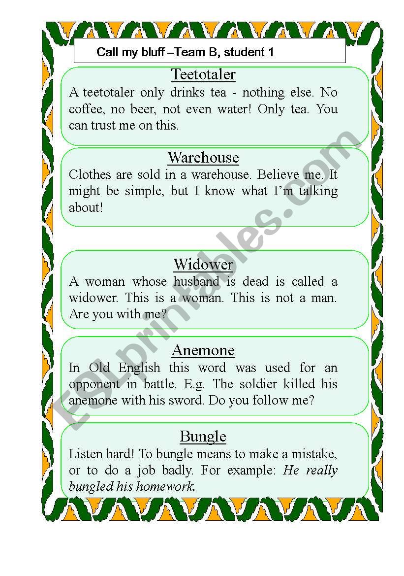 Call my bluff-SET 2 worksheet