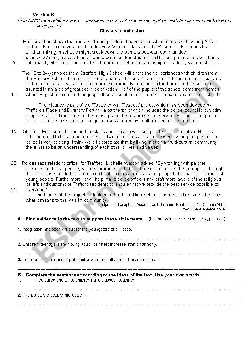 Classes on cohesion B worksheet