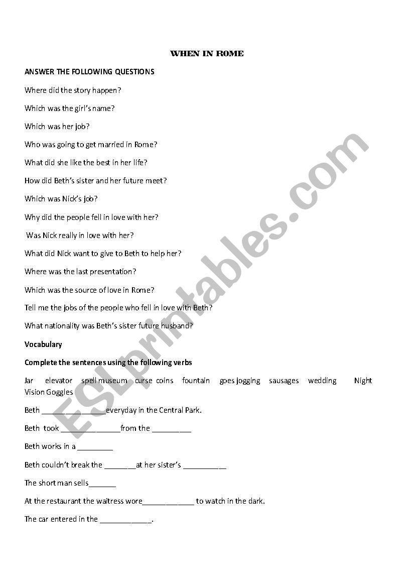 when in Rome movie worksheet worksheet