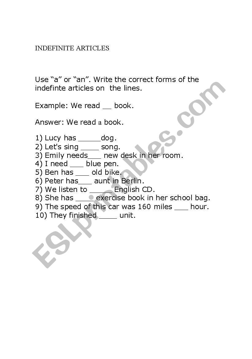 INDEFINITE ARTICLES worksheet