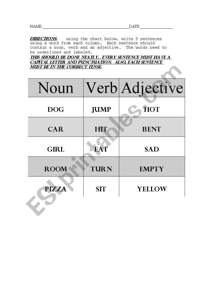 English Worksheets Noun Verb Adjective Sentences
