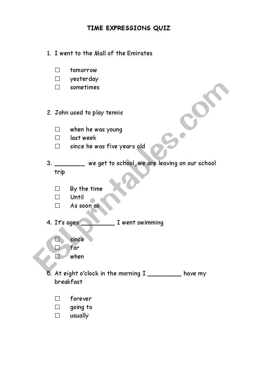 TIME EXPRESSIONS QUIZ worksheet