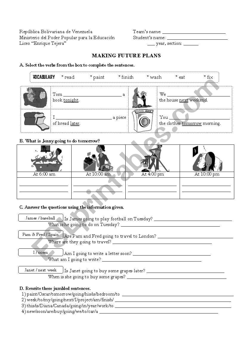 Future plans worksheet