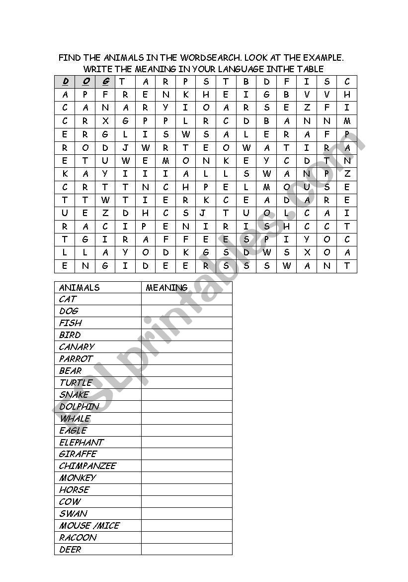 find the animals worksheet