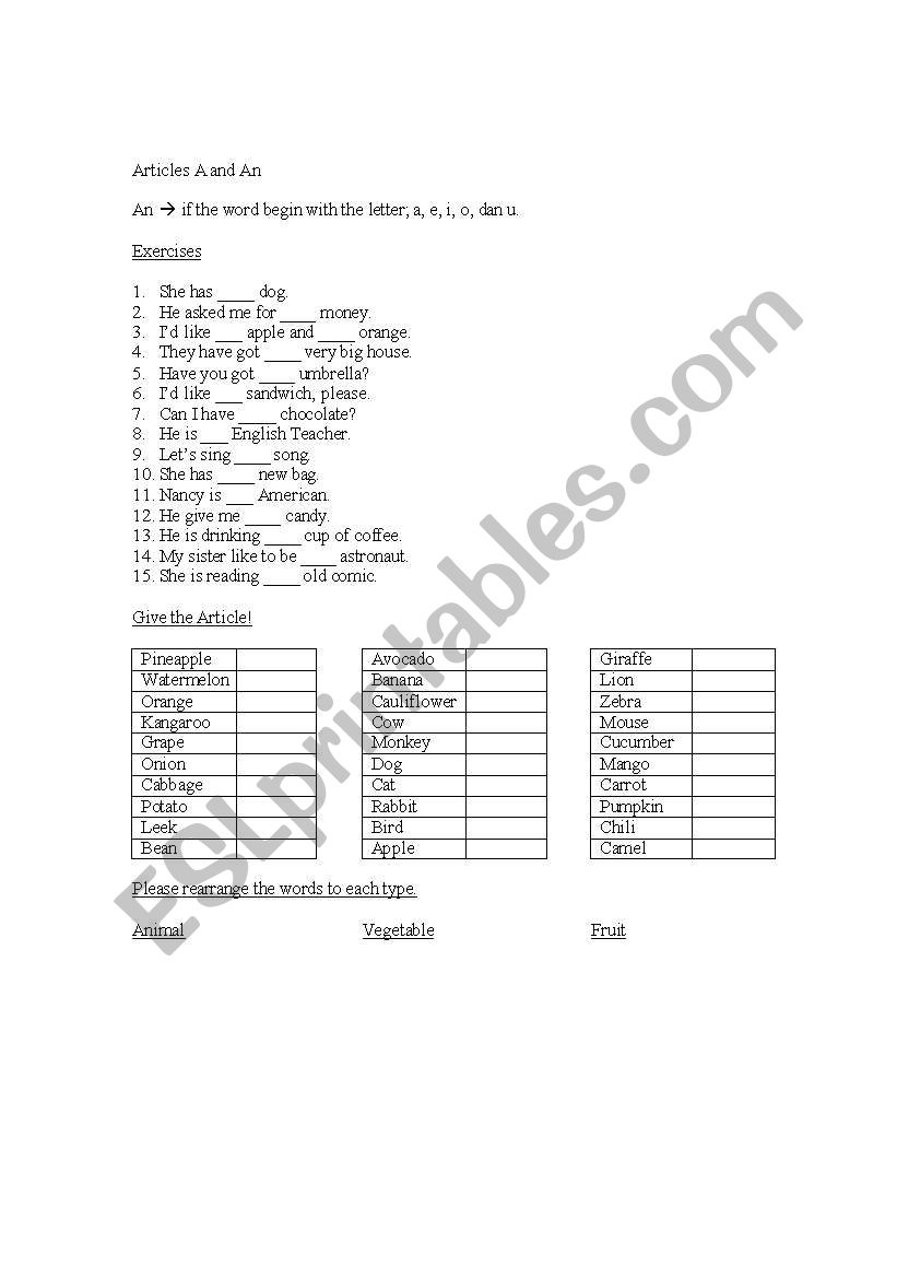 Article A and An worksheet