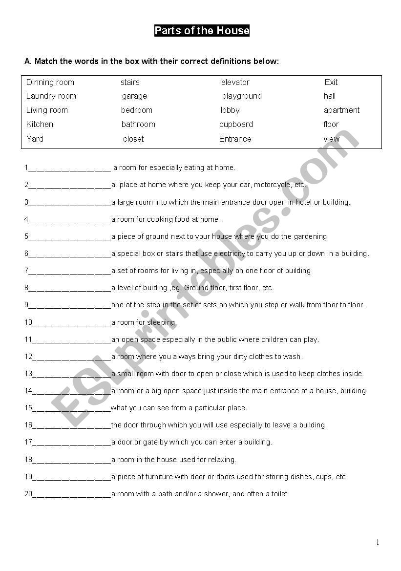 parts of the house worksheet