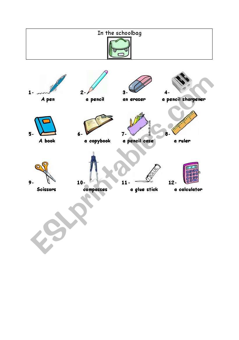 Vocabulary : in the schoolbag worksheet
