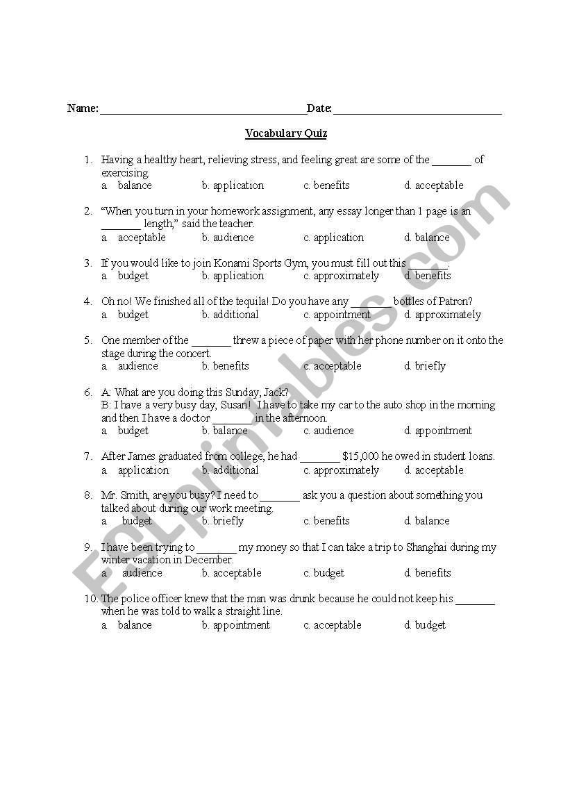 Multiple Choice Vocabulary Worksheet
