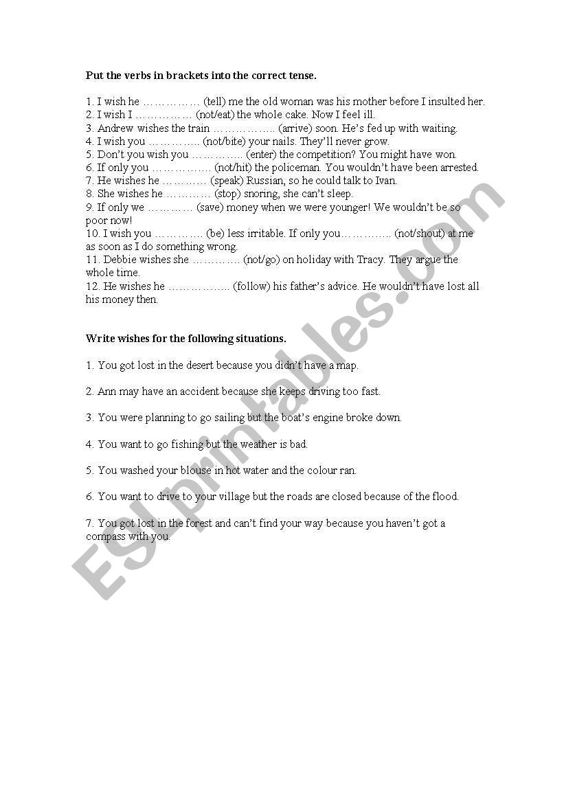 wishes  worksheet