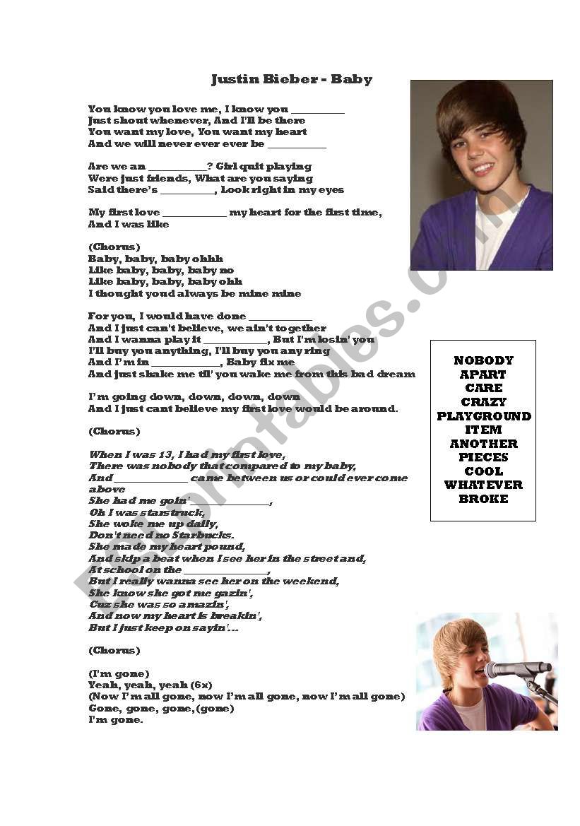 Baby Lyrics By Justin Bieber Esl Worksheet By Jonnyc81