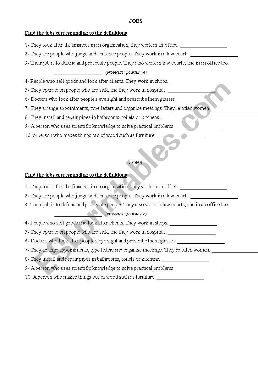 Vocabulary : jobs worksheet