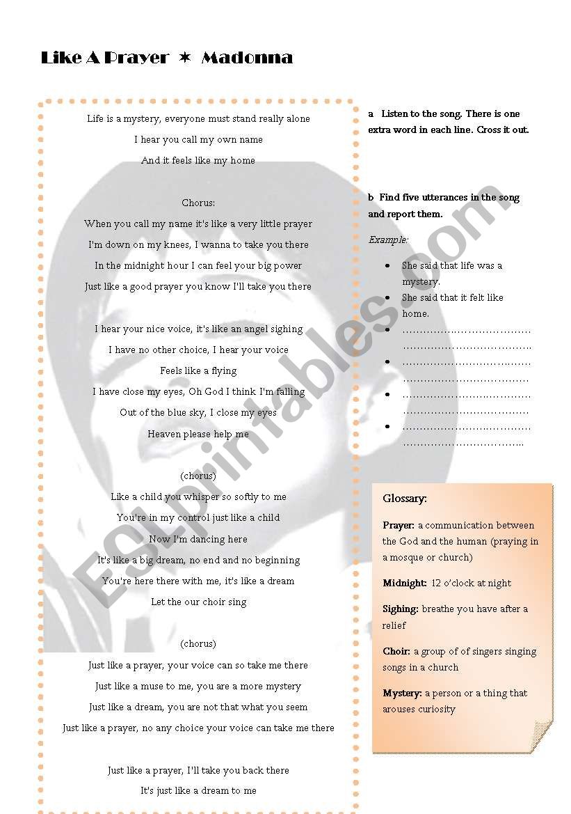 Reported speech song activity worksheet