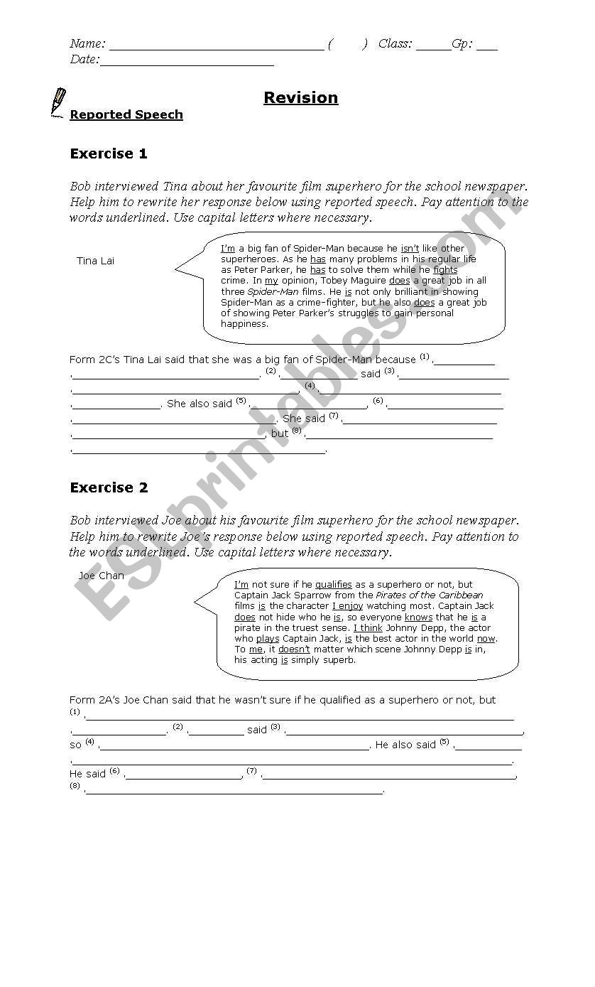 reported speech worksheet