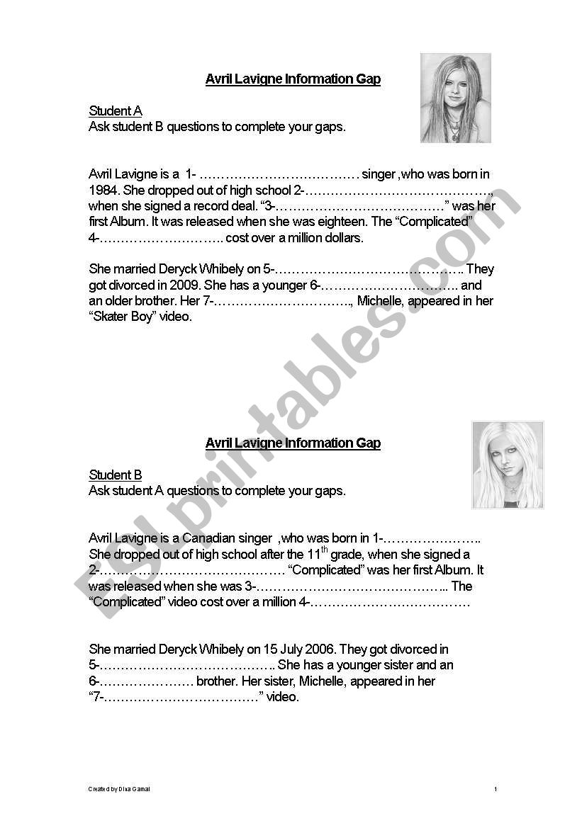 Avril Lavigne worksheet